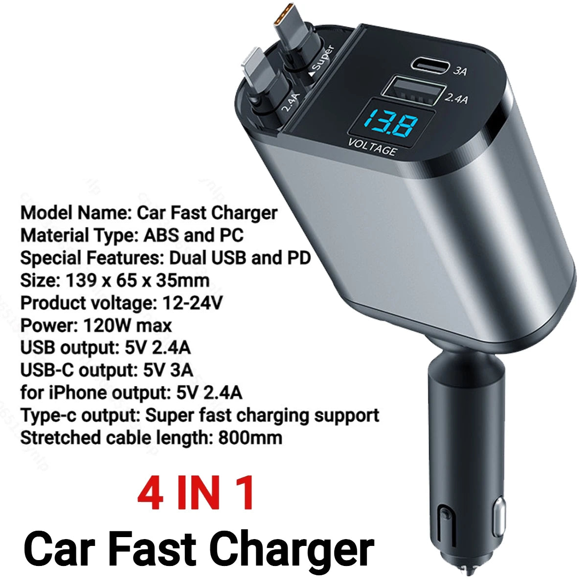 120W 4 in 1 Retractable Car Charger USB C Cable for Iphone Huawei Samsung Fast Charge Cord Cigarette Lighter Adapter PD QC3.0