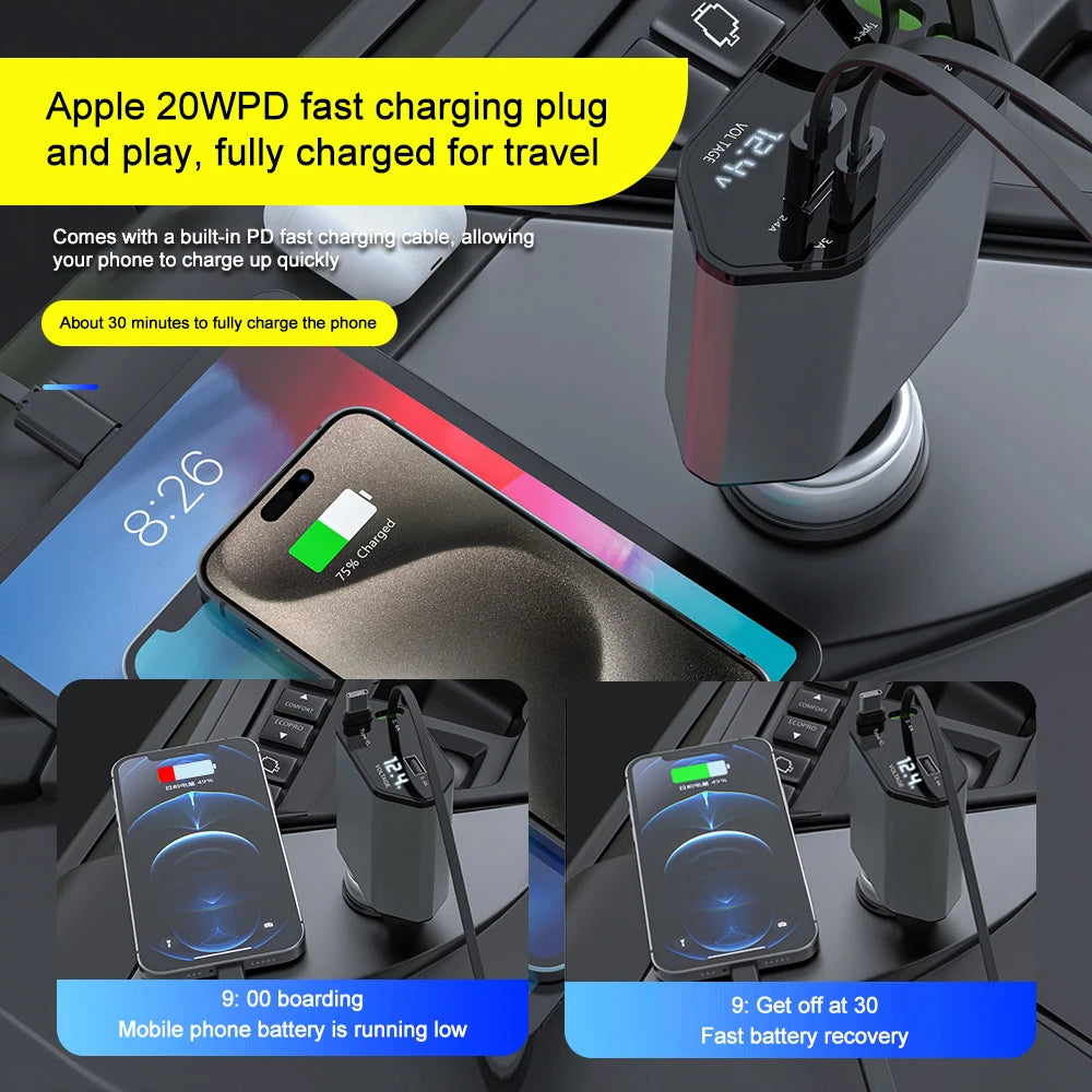 120W 4 in 1 Retractable Car Charger USB C Cable for Iphone Huawei Samsung Fast Charge Cord Cigarette Lighter Adapter PD QC3.0