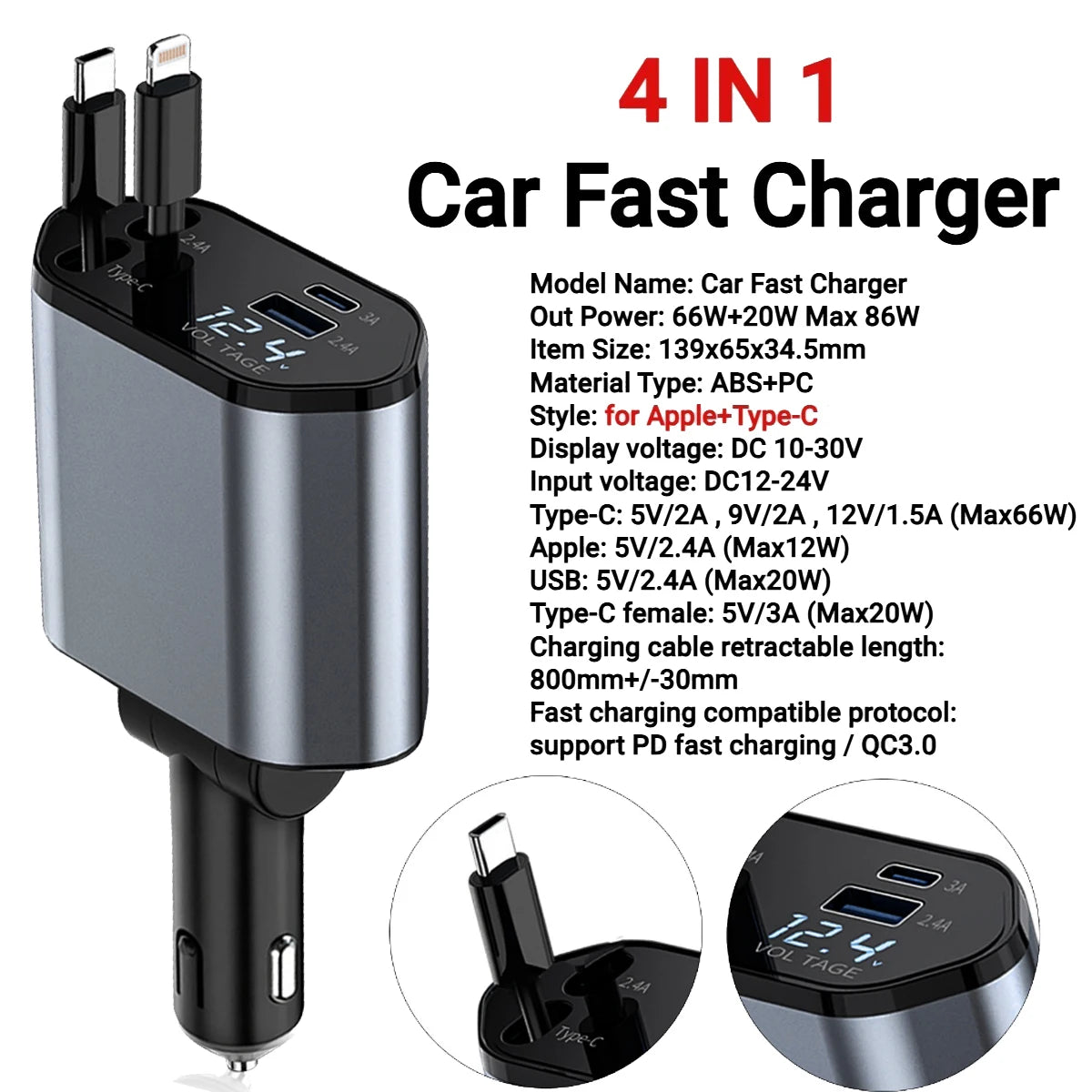 120W 4 in 1 Retractable Car Charger USB C Cable for Iphone Huawei Samsung Fast Charge Cord Cigarette Lighter Adapter PD QC3.0