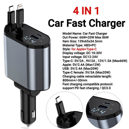 120W 4 in 1 Retractable Car Charger USB C Cable for Iphone Huawei Samsung Fast Charge Cord Cigarette Lighter Adapter PD QC3.0