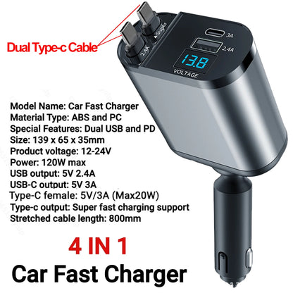 120W 4 in 1 Retractable Car Charger USB C Cable for Iphone Huawei Samsung Fast Charge Cord Cigarette Lighter Adapter PD QC3.0